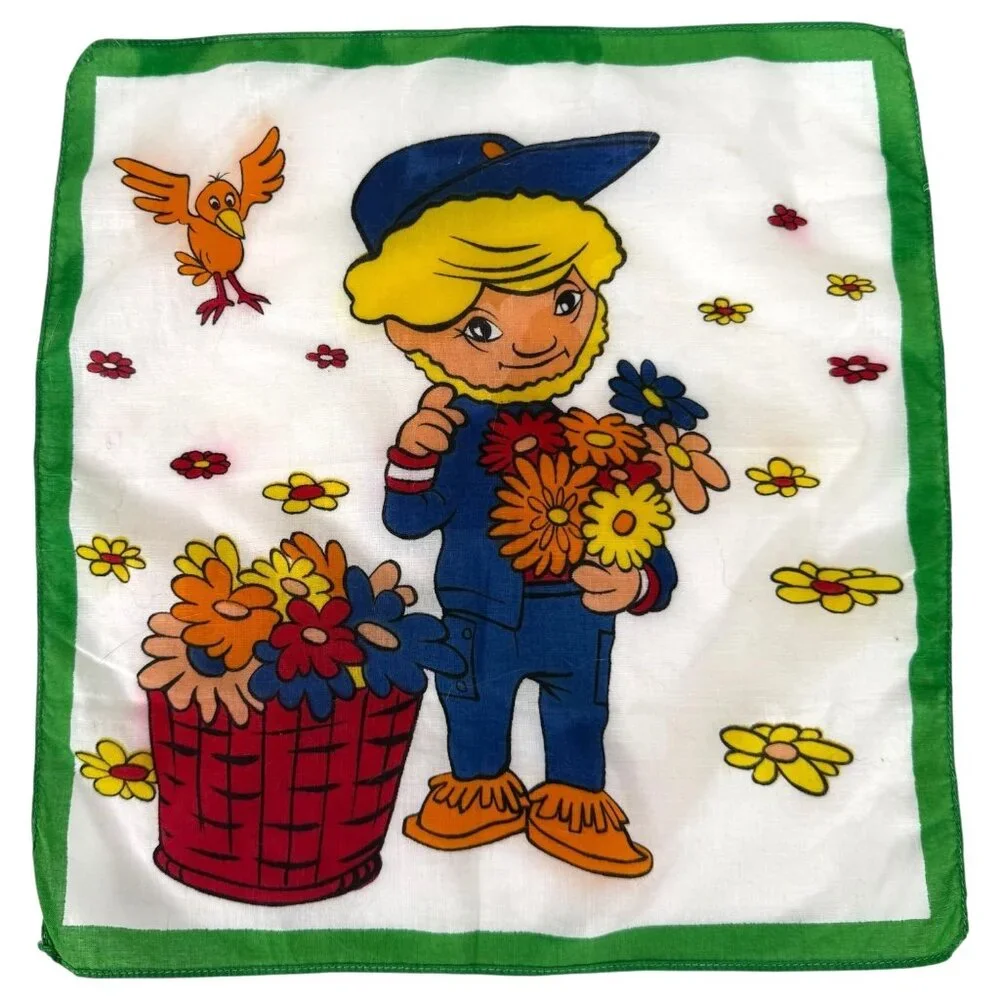 Vintage German Childrens Handkerchiefs Boy Set Of 2 Green Borders Cotton‎ Blend